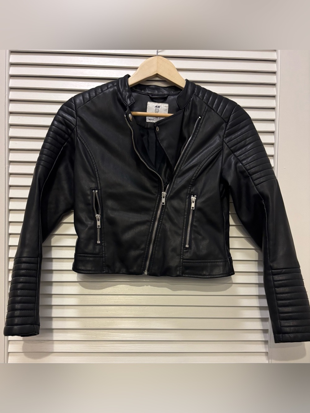 H&M Black Quilted Faux-Leather Moto Jacket girls 11/12